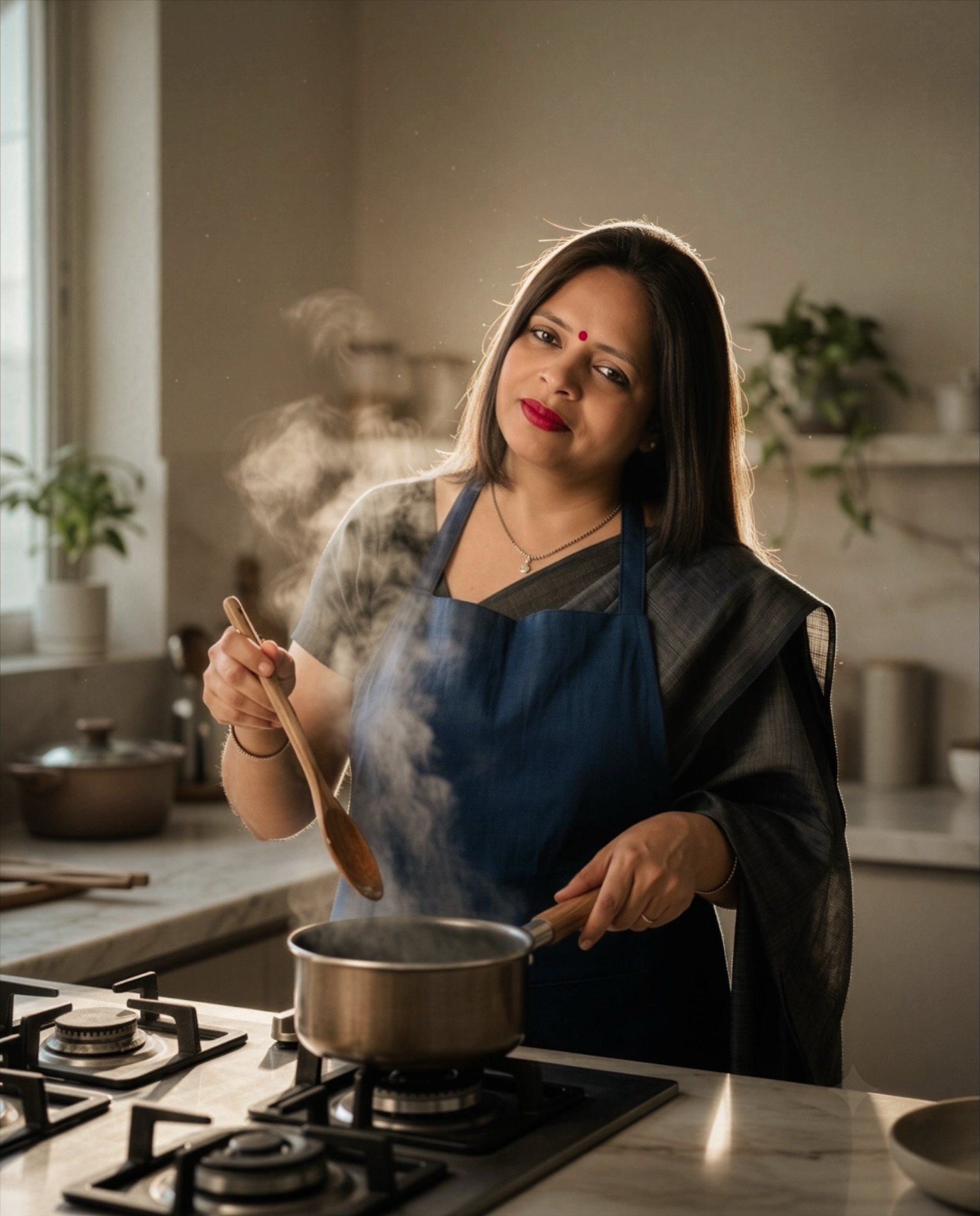 The mother behind Mom's Kitchen, gently smiling in her kitchen